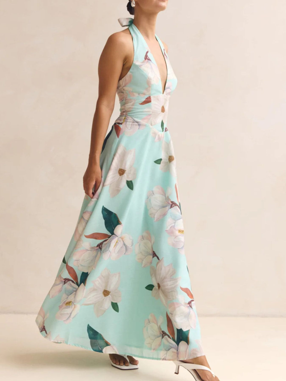Floral halter neck maxi dress back view