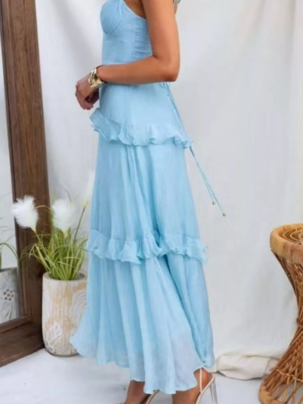 Ruffled maxi dress full length styling