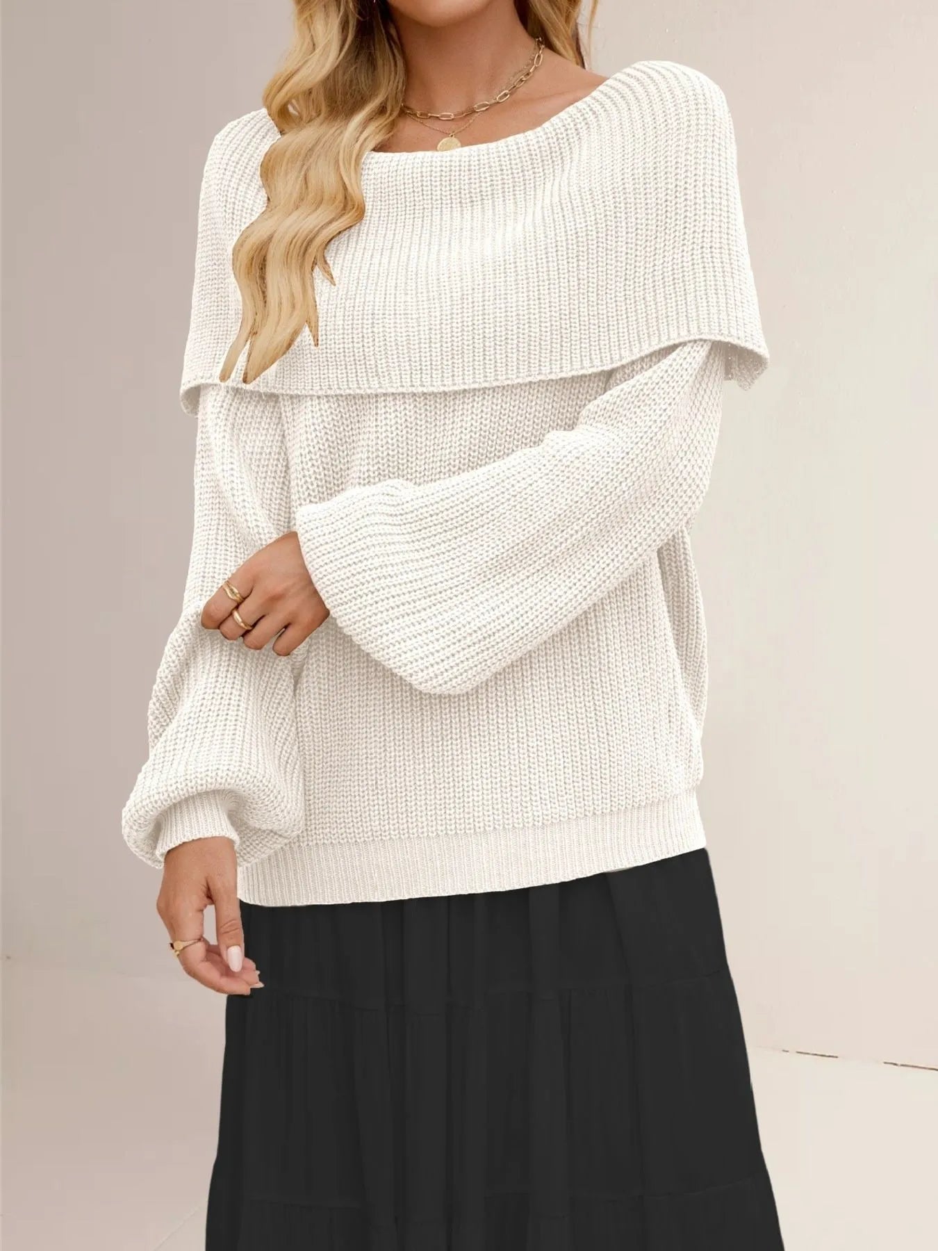 Fold-Over Collar Long Sleeve Sweater - Fashorio