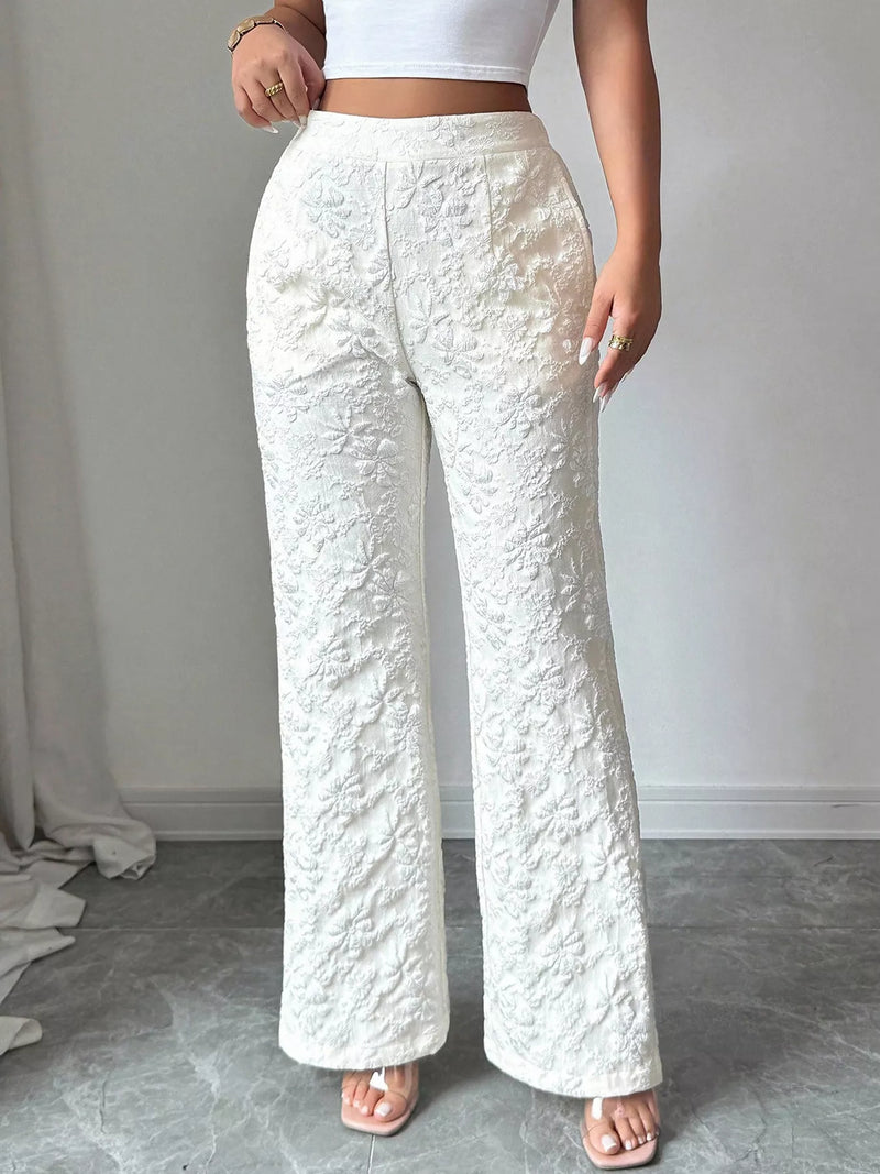 Elowen floral textured wide leg pants in white, front view