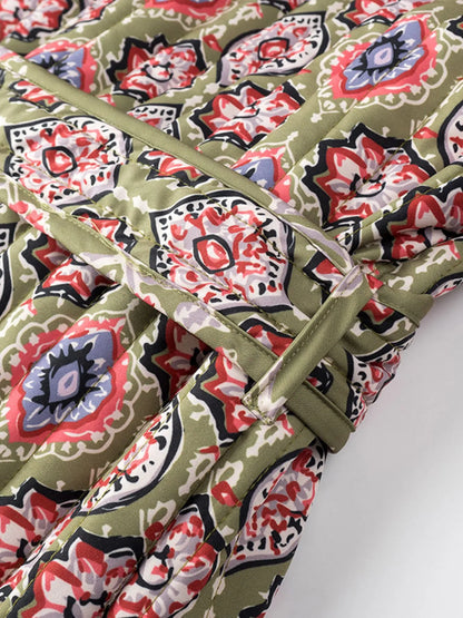 Belted Open Front Floral Winter Coat - Fashorio