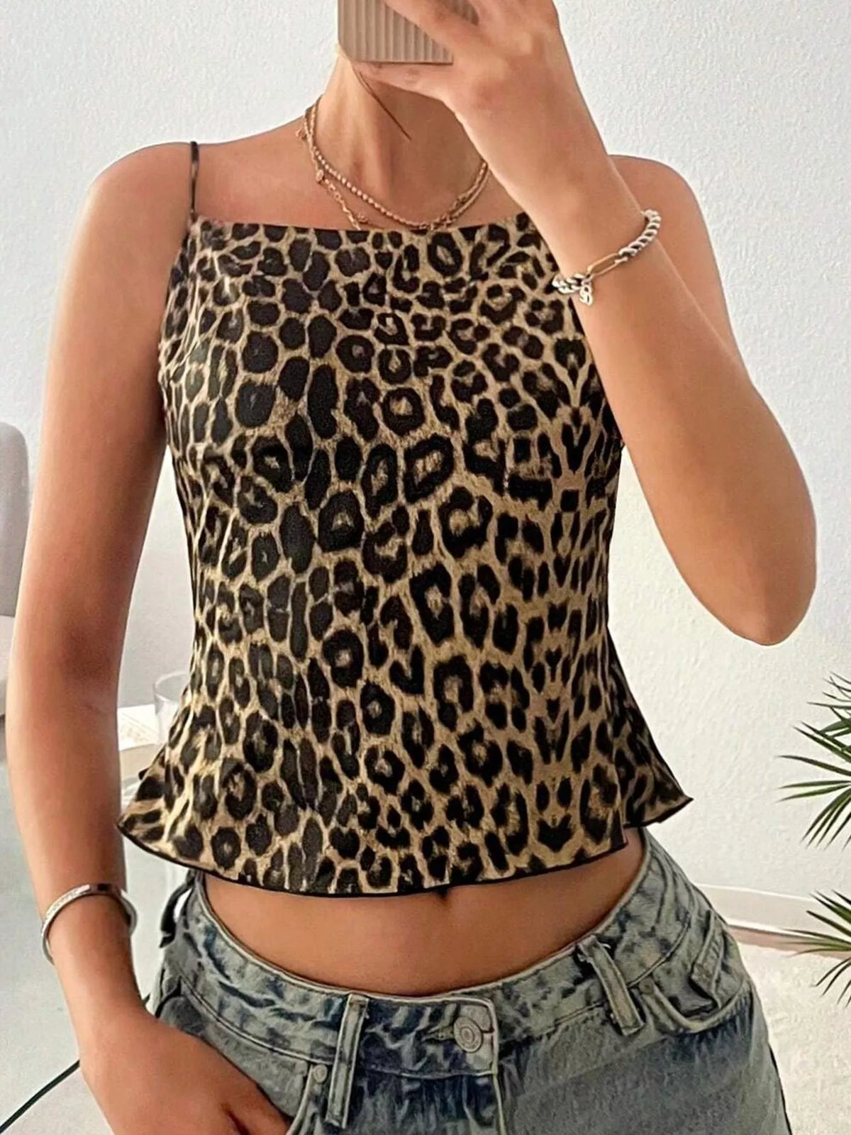 Leopard print cami with back tie, close up of the detail