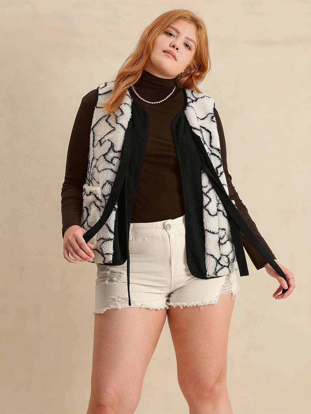 Plus Size Tied Sherpa Vest Coat with Pockets - Fashorio
