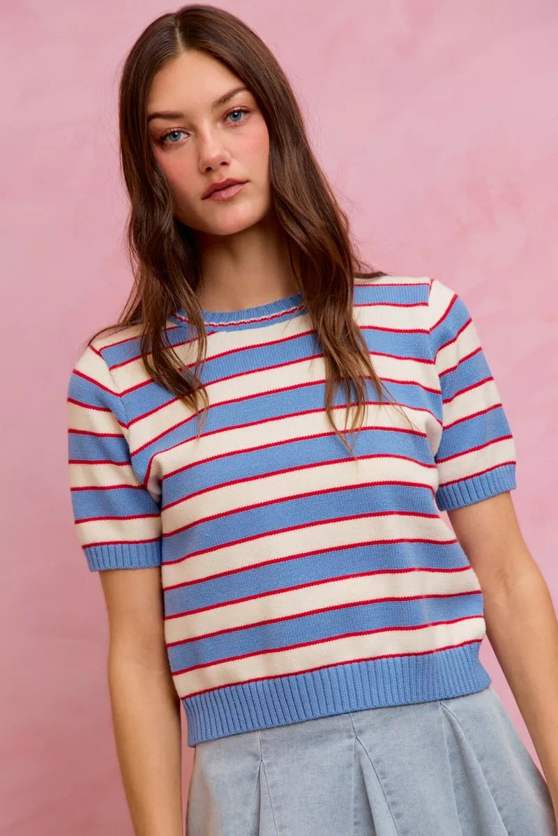 Blue and red striped crew neck sweater top front view