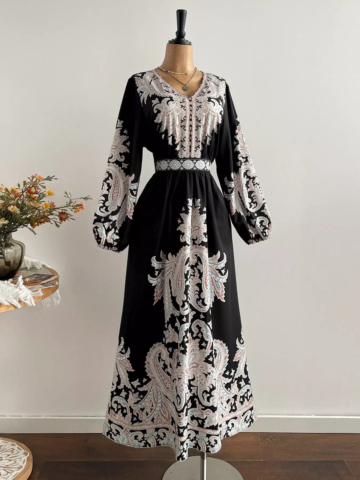 Printed balloon sleeve dress full length