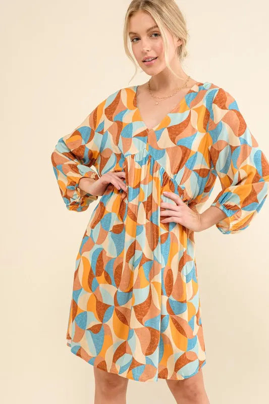 Printed Open Back Puff Sleeve Casual Dress side view