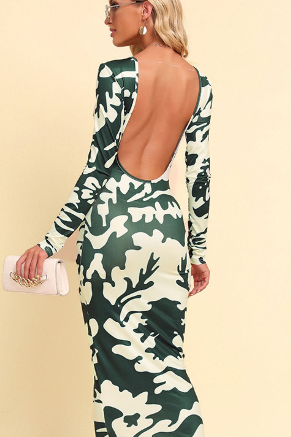 camo print backless long sleeve maxi dress in green camo side view