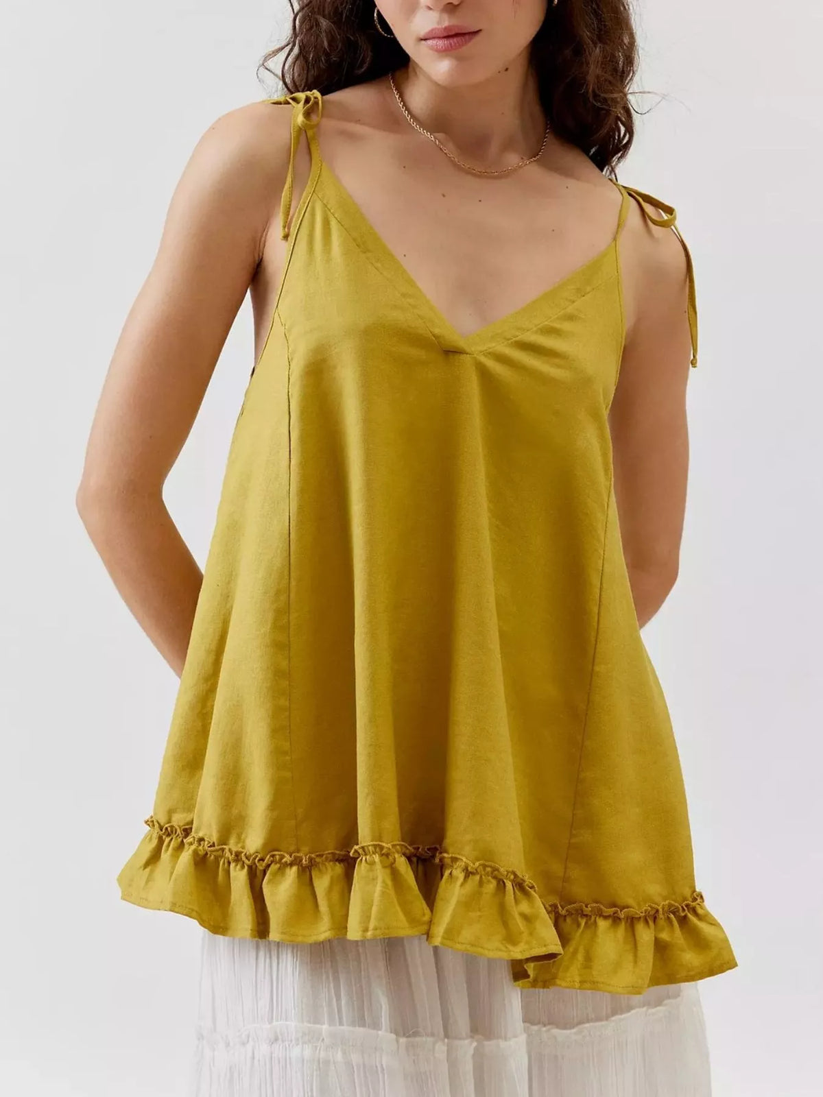 Tie strap ruffle hem cami front view
