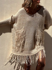Fringe Detail Long Sleeve Sweater with Pockets Camel - Fashorio