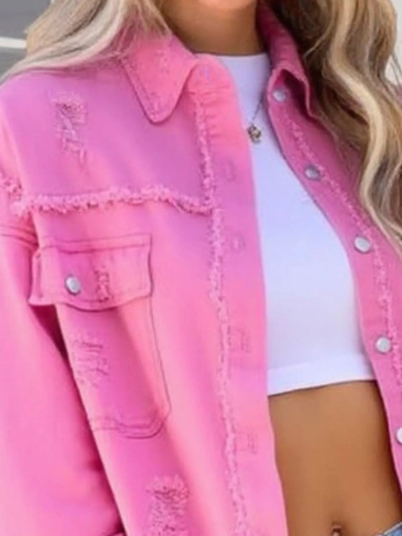 Distressed Denim Jacket with Frayed Edges - Fashorio