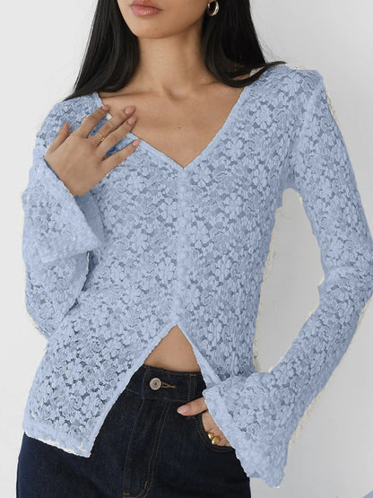 Lace V-Neck Flare Sleeve T-Shirt Light Blue - Fashorio