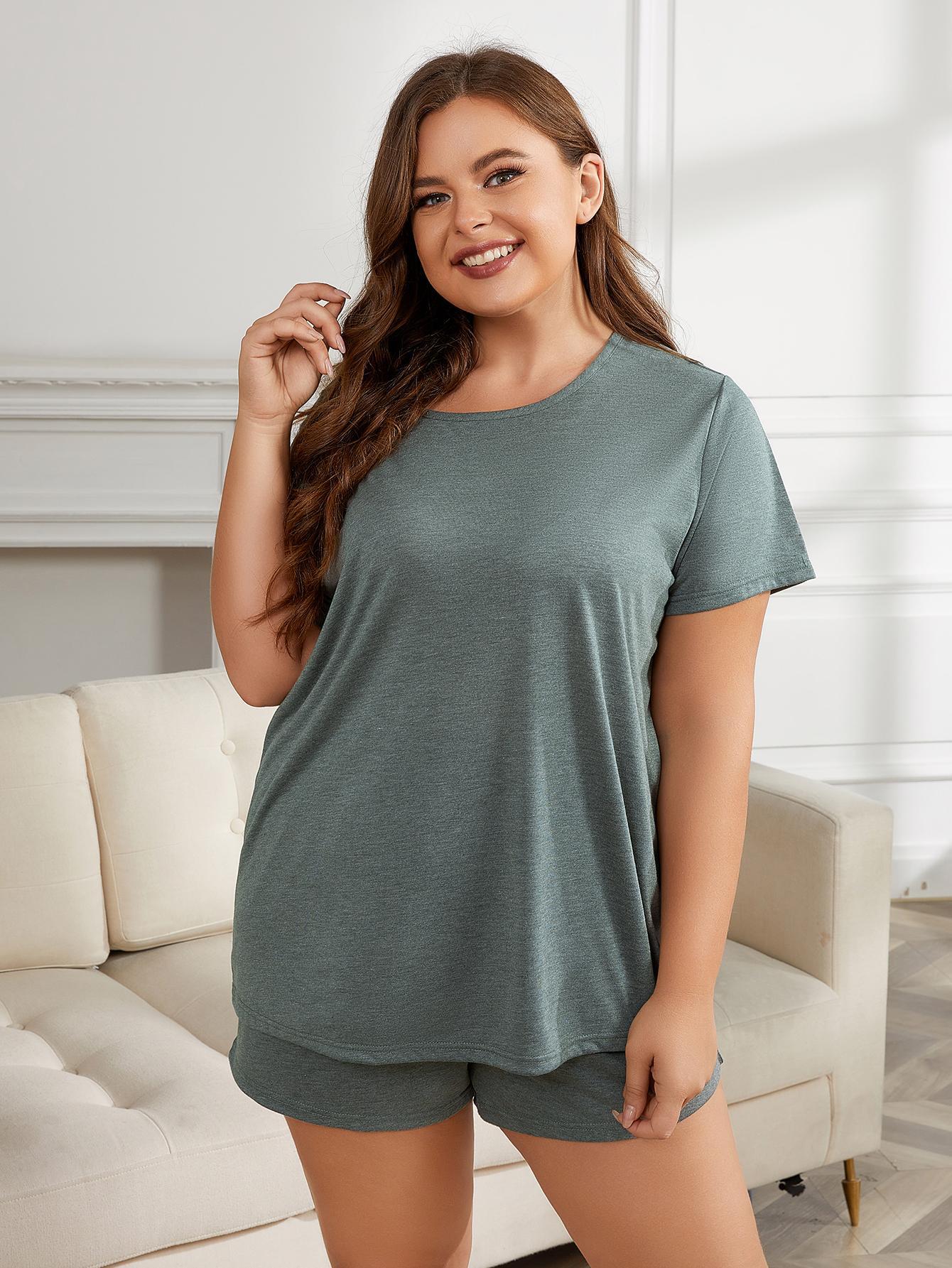 Plus Size Round Neck Short Sleeve Two-Piece Loungewear Set Sage - Fashorio