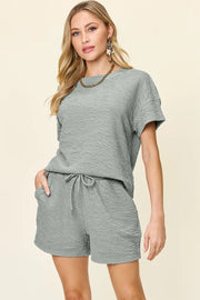 Double Take Full Size Texture Short Sleeve T-Shirt and Drawstring Shorts Set Cloudy Blue - Fashorio