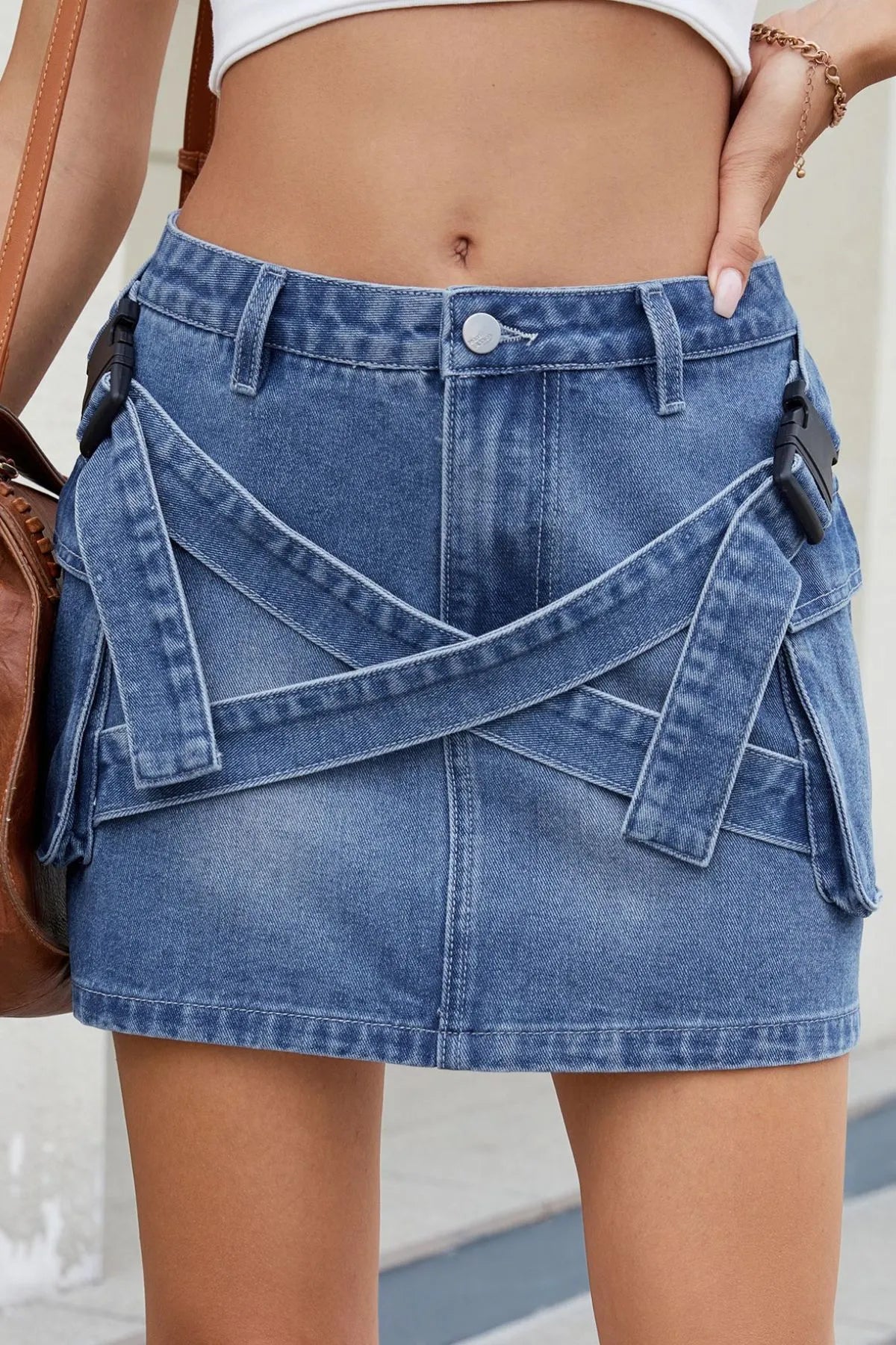 Criss-Cross Waist Detail Denim Mini Skirt - Fashorio
