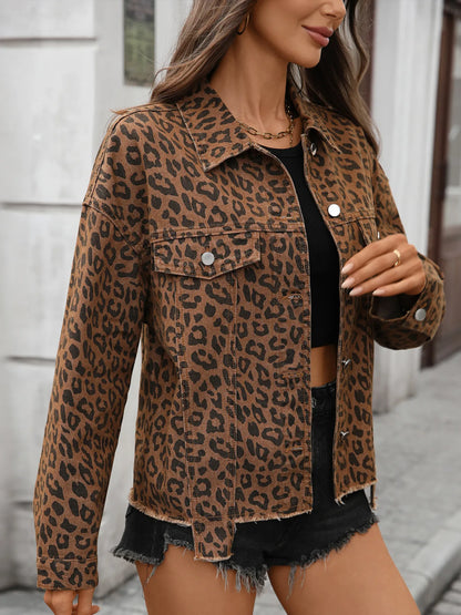 Leopard Print Raw Hem Denim Jacket - Fashorio