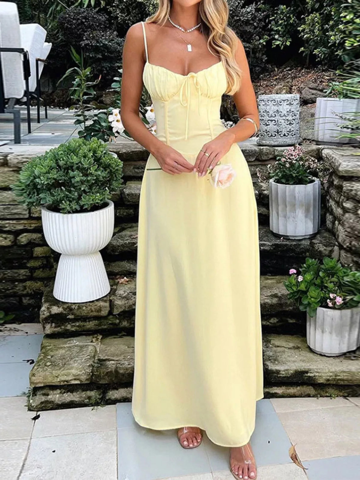 tie front spaghetti strap maxi dress side view