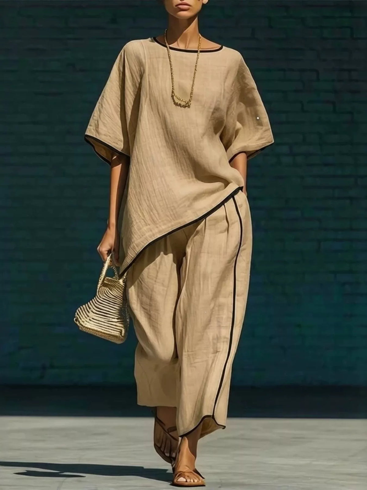 Contrast trim pants set pocket detail