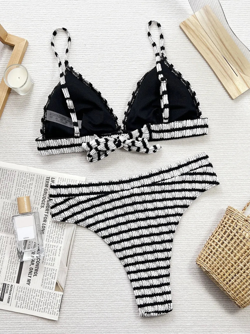 Striped bikini top v-neck detail