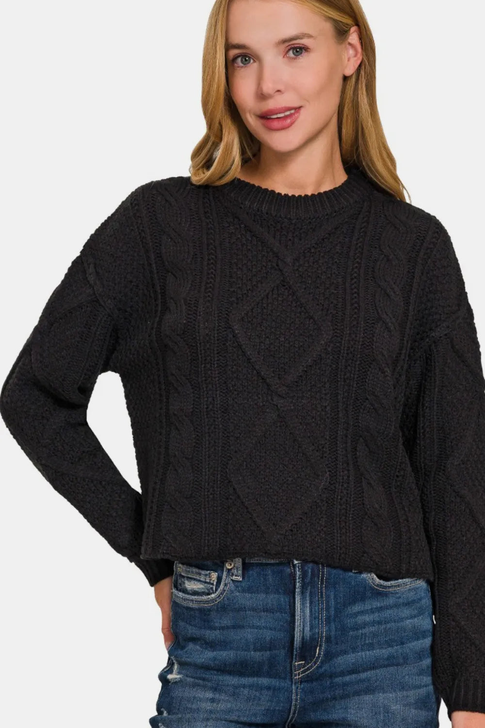 Cropped Cable Knit High Low Sweater in Black