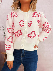 Floral Pattern Button-Up Cardigan White One Size - Fashorio