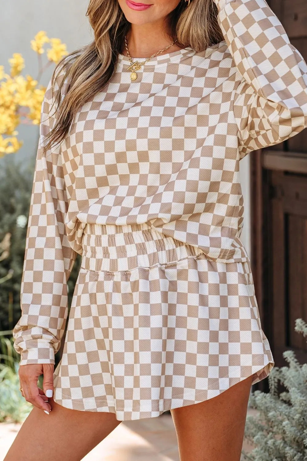 Checkered Long Sleeve Top and Skirt Two Piece Set side view