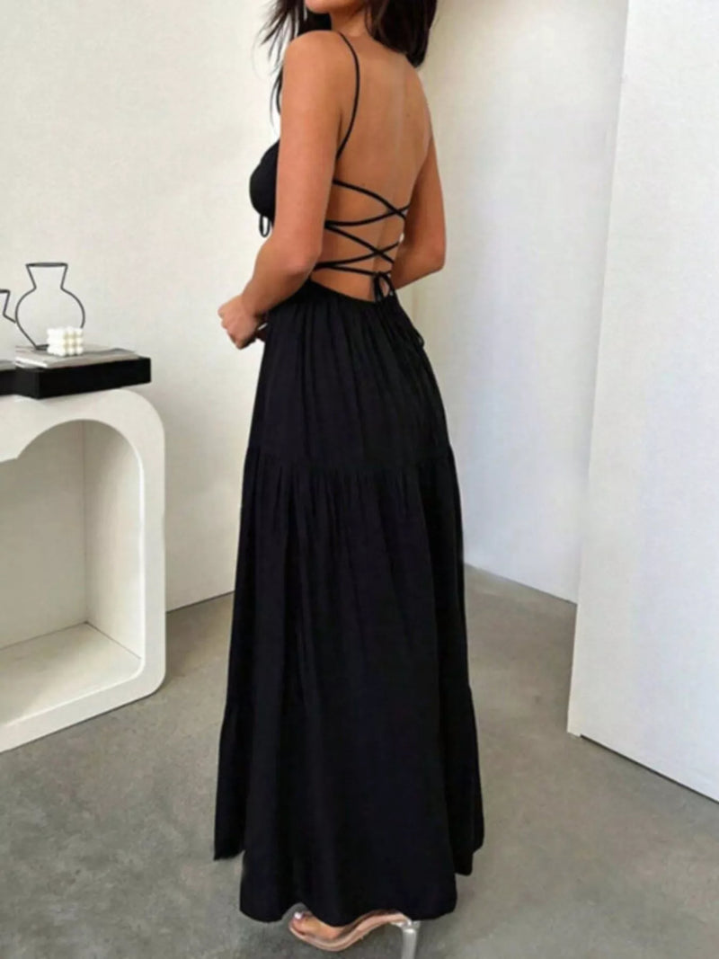 backless lace up spaghetti strap maxi dress front view