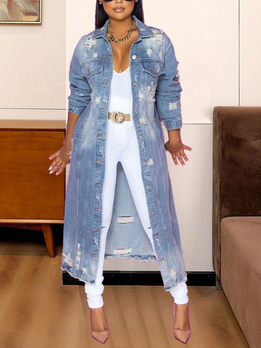 Long Sleeve Raw Hem Denim Jacket Light - Fashorio