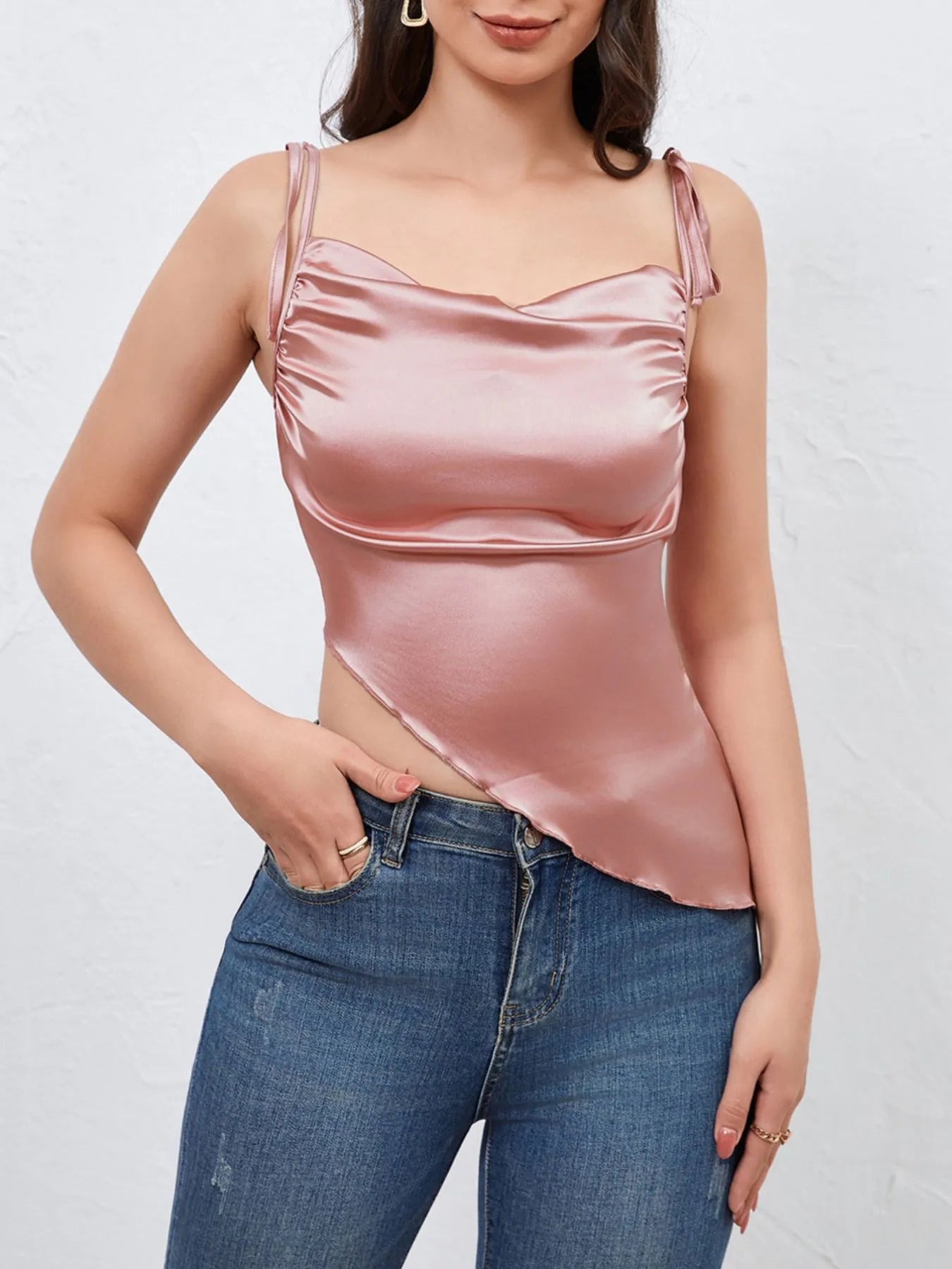 Asymmetrical Tie Shoulder Cami Dusty Pink - Fashorio