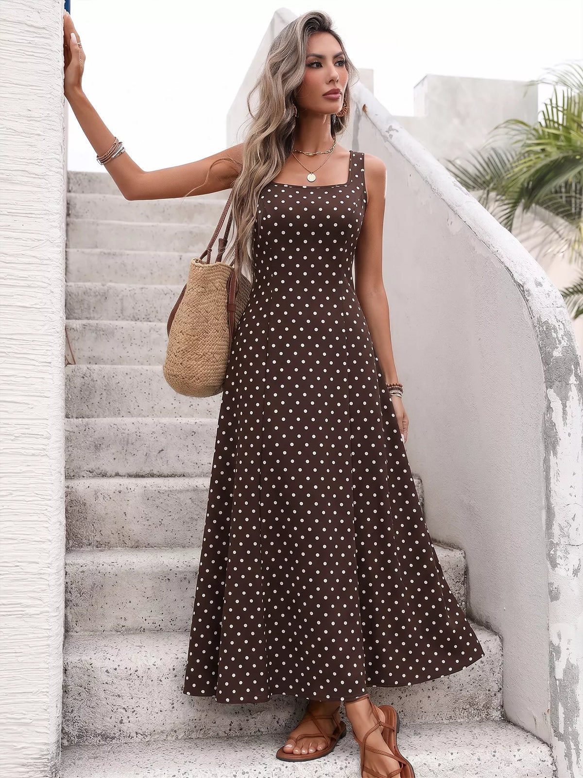 Polka dot sleeveless maxi dress in coffee brown styled view