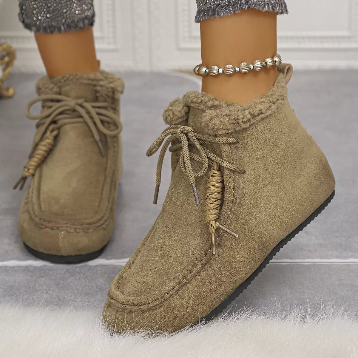 Plush lined ankle boots, upper texture close up