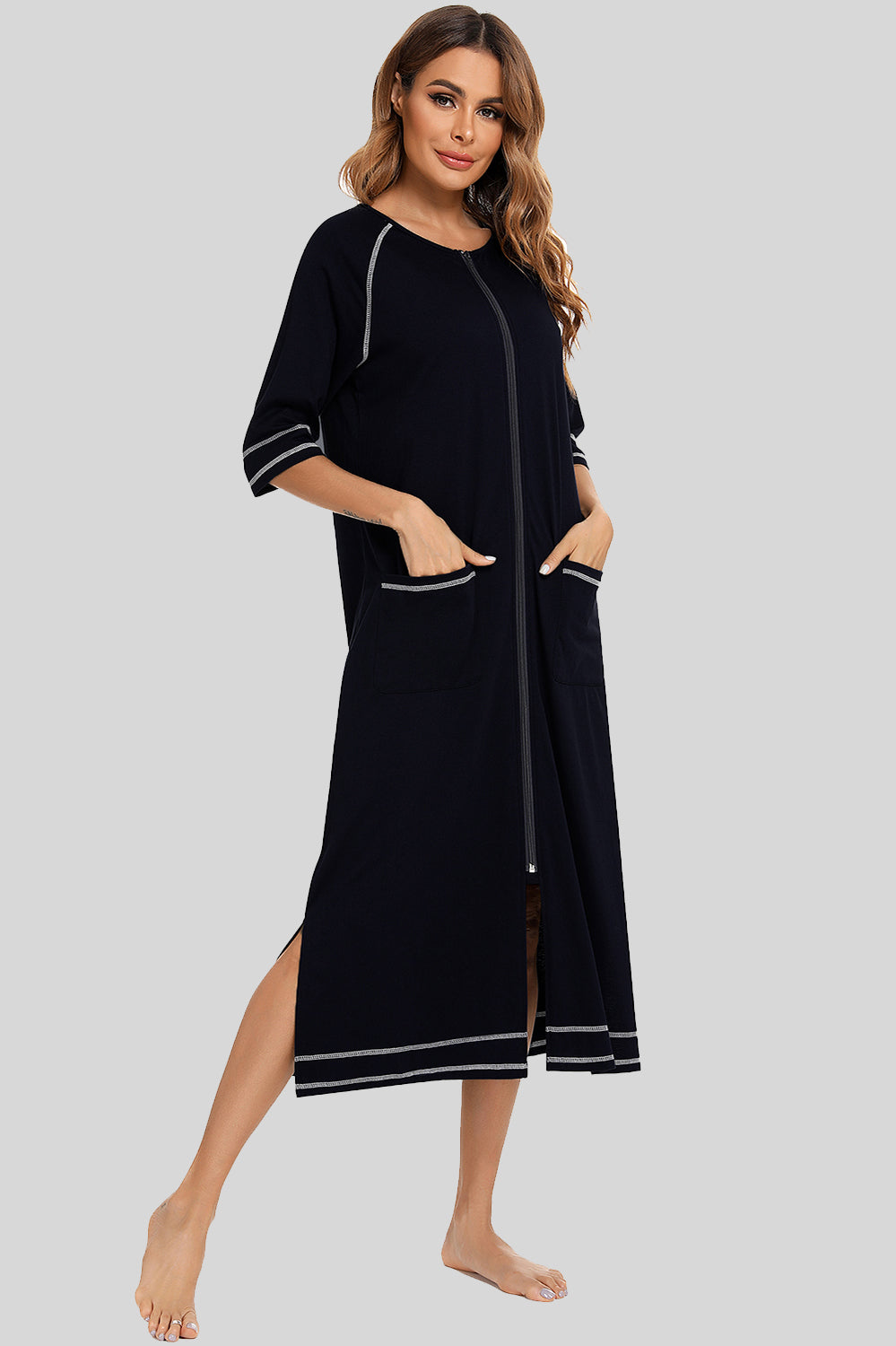 Zip Up Slit Round Neck Night Dress with Pockets Black - Fashorio