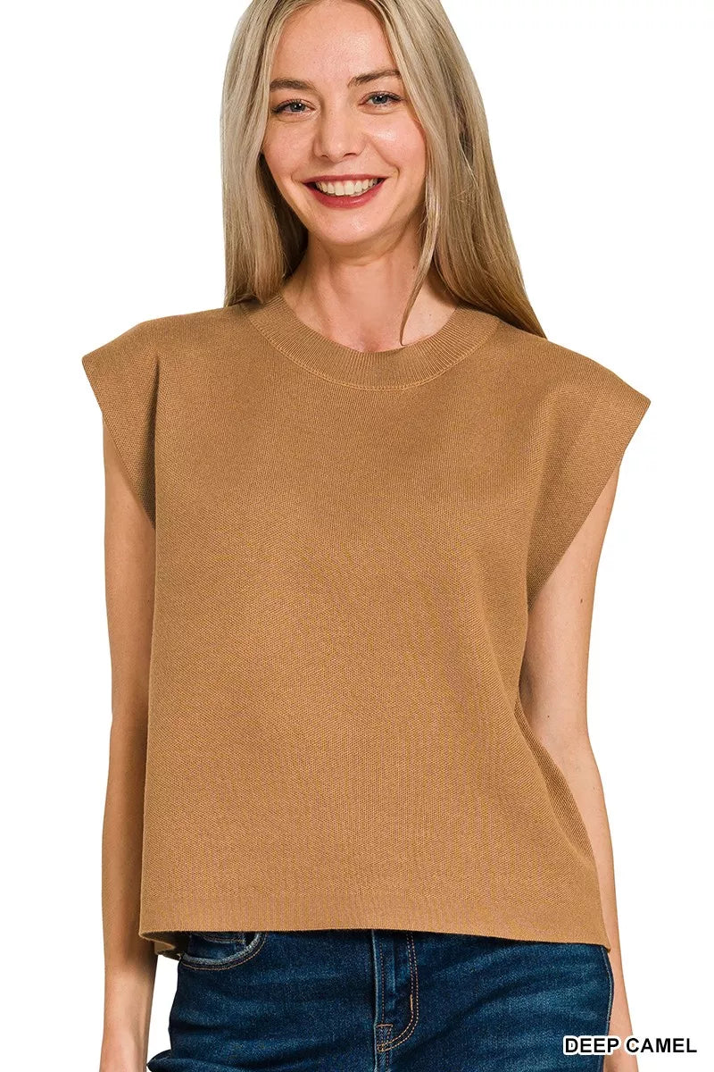 Deep camel round neck viscose sweater vest front view