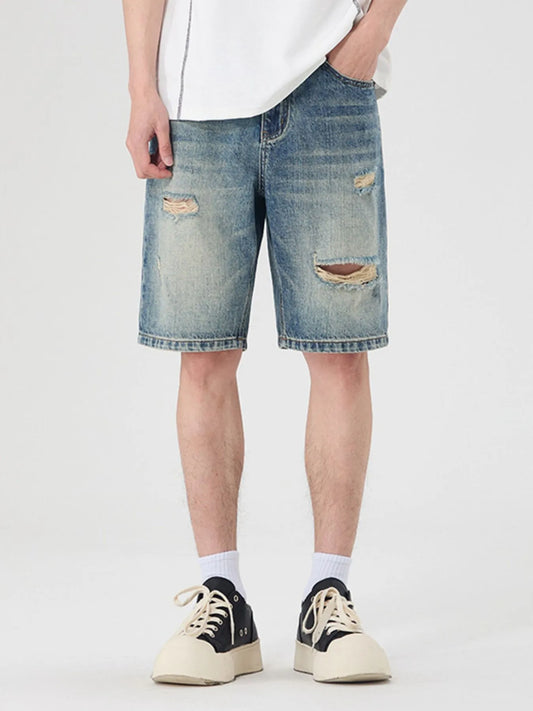 Men's Distressed Wide Leg Denim Shorts Light Blue - Fashorio