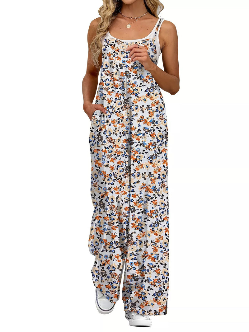 Wide leg spaghetti strap overalls front view on model