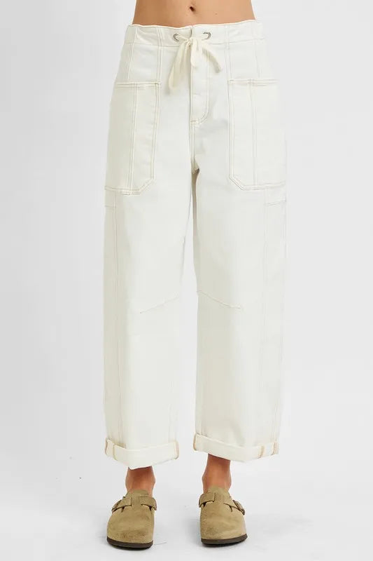 RISEN high rise crop barrel cargo jeans light wash front view