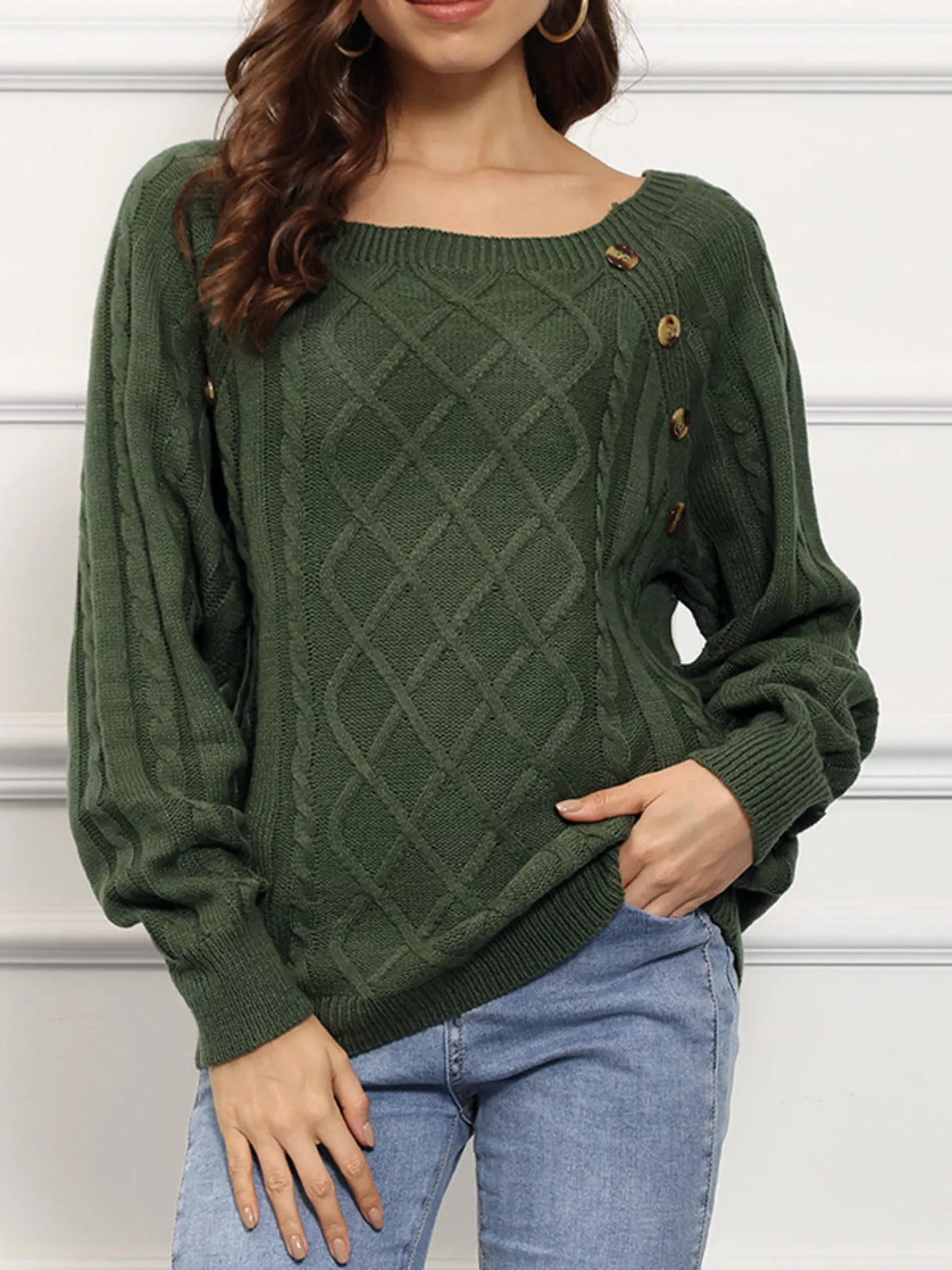 cable knit boat neck sweater side view