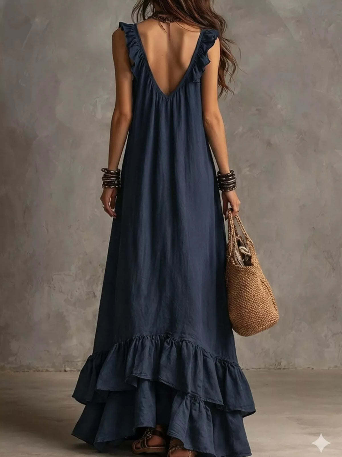 Ruffled sleeveless maxi dress side view