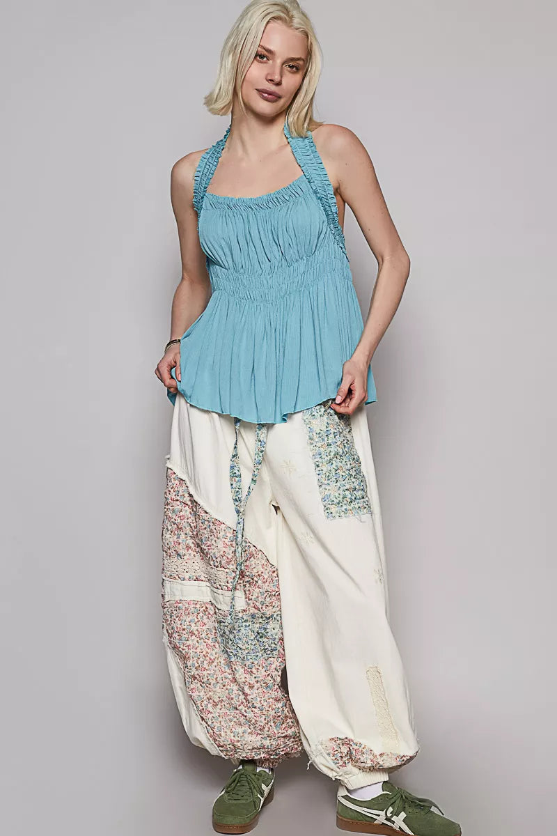 POL Backless Halter Sleeveless Top with Smocking Shirring Detail - Fashorio