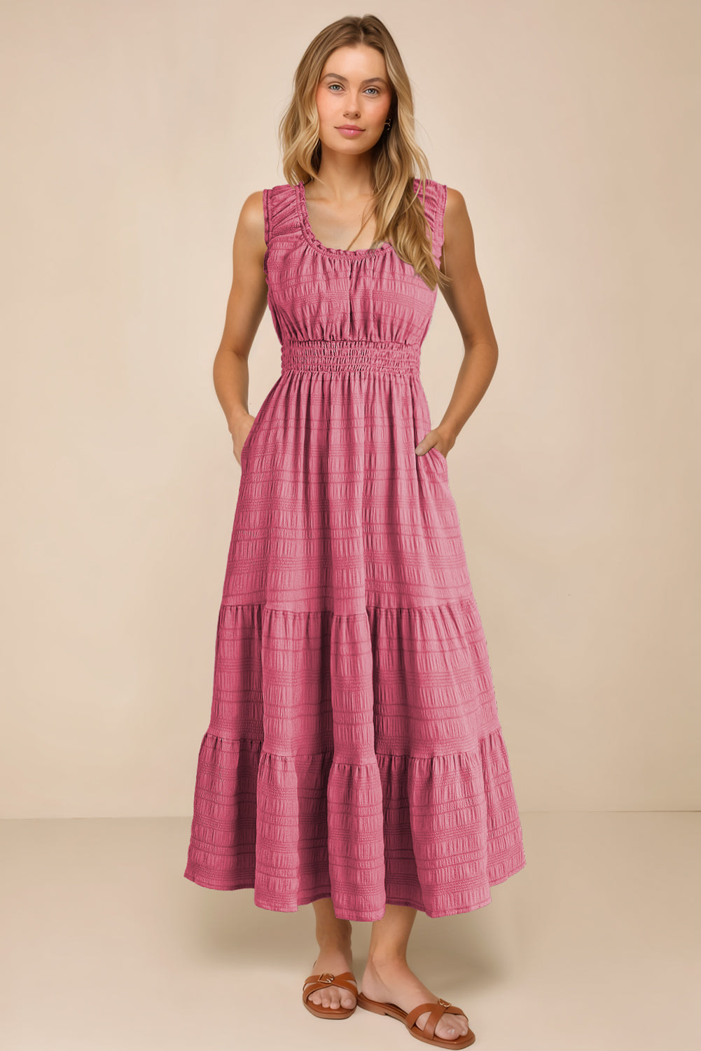 Square neckline close up on sleeveless midi dress