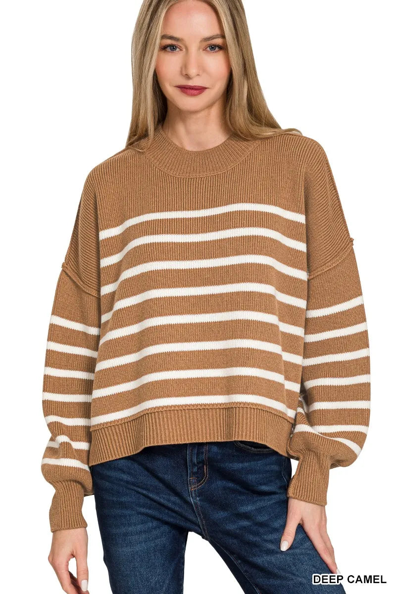 Zenana Exposed Seam Striped Oversized Sweater DEEP CAMEL - Fashorio