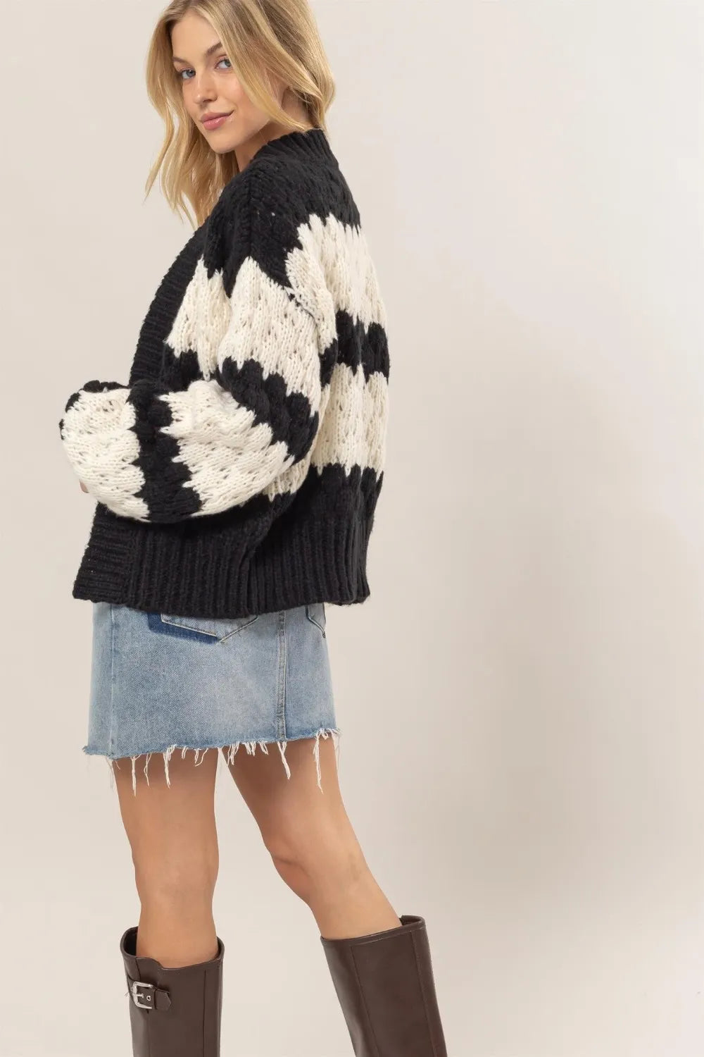 HYFVE Scallop Striped Open Front Long Sleeve Sweater Cardigan - Fashorio