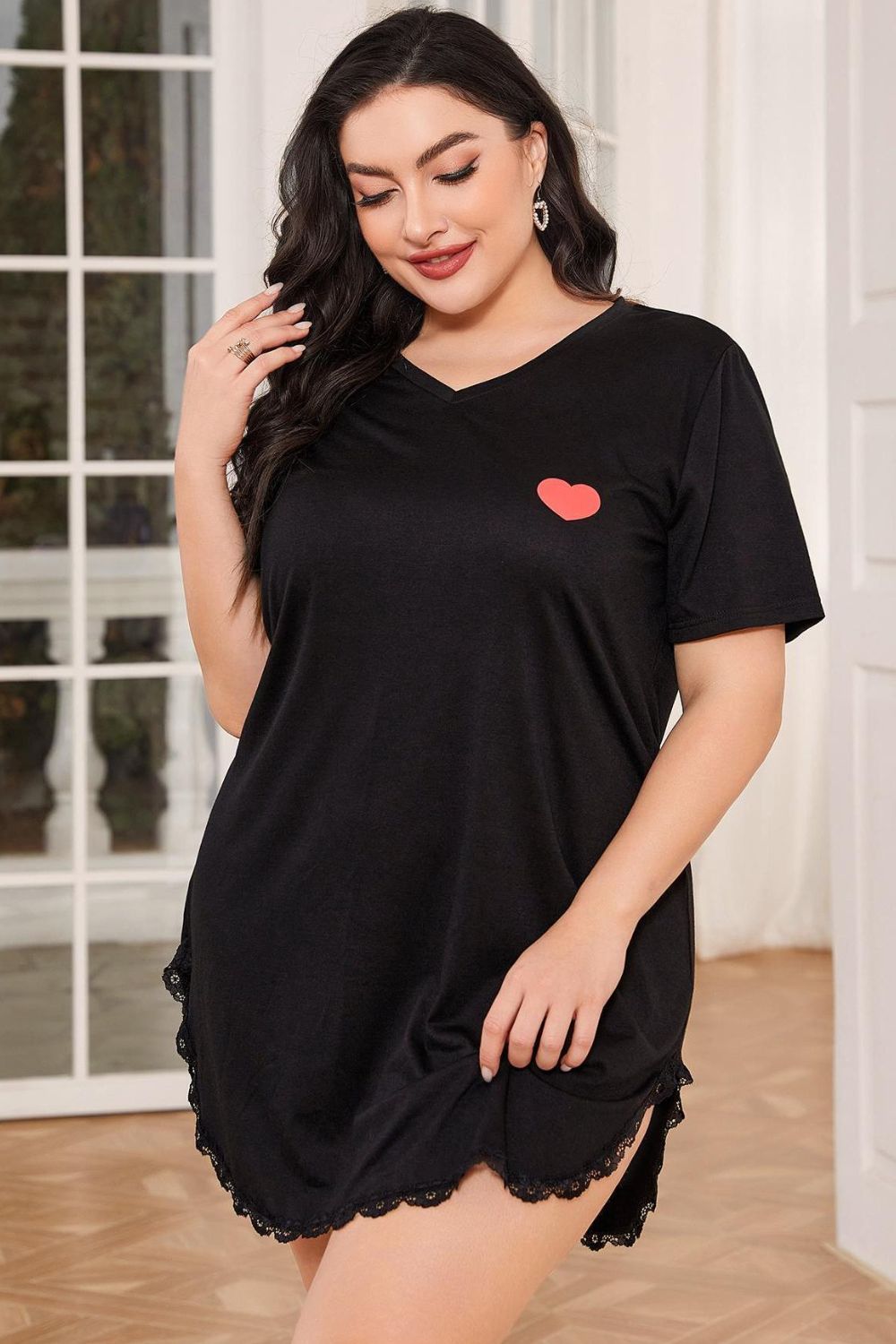 Plus Size Lace Trim V-Neck Short Sleeve Night Dress - Fashorio