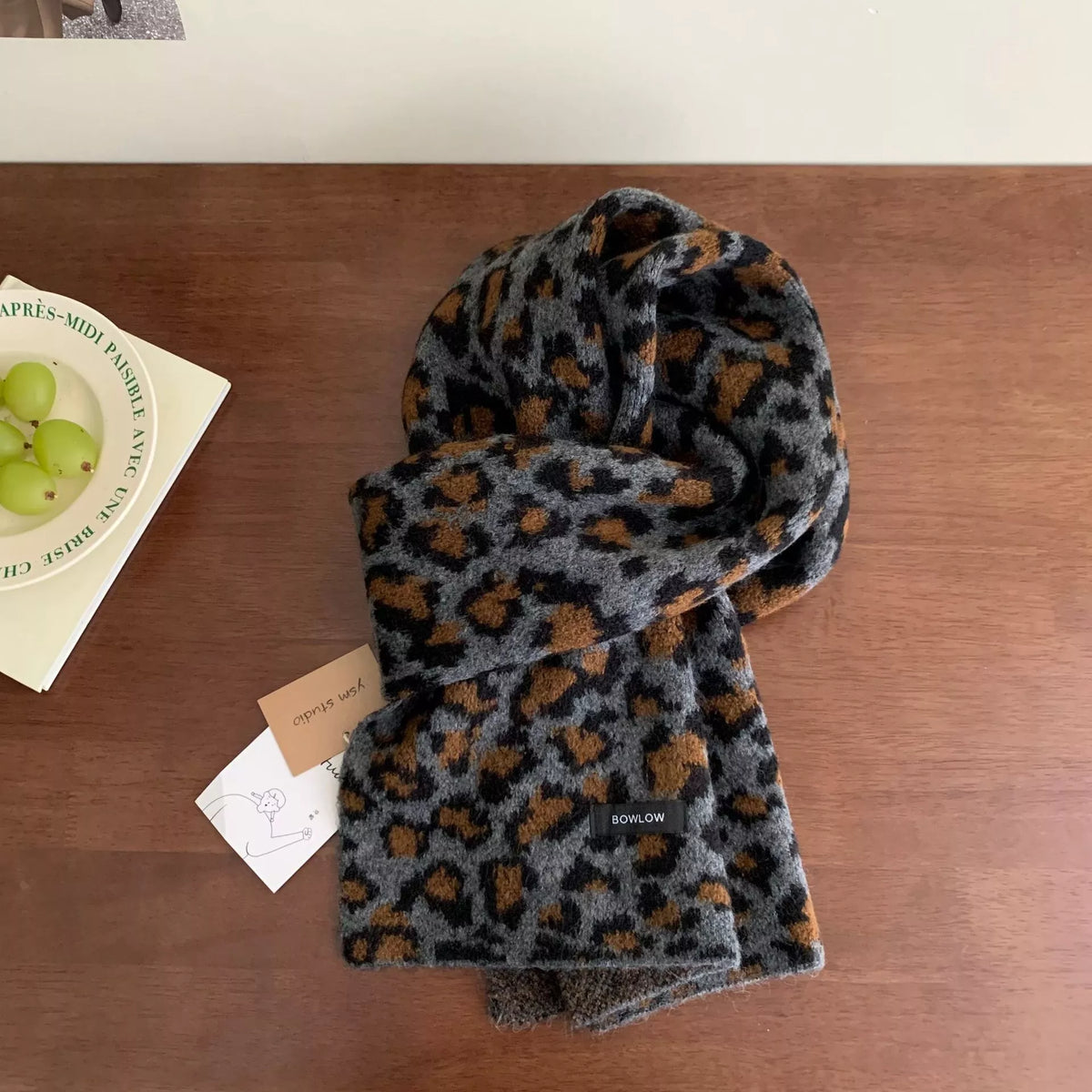 Full length view of the animal print plush scarf