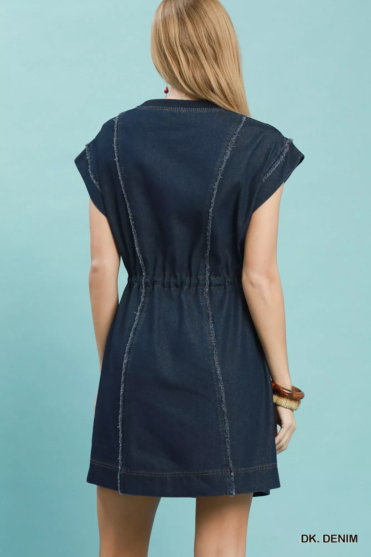 Dark denim frayed drawstring waist mini dress side view