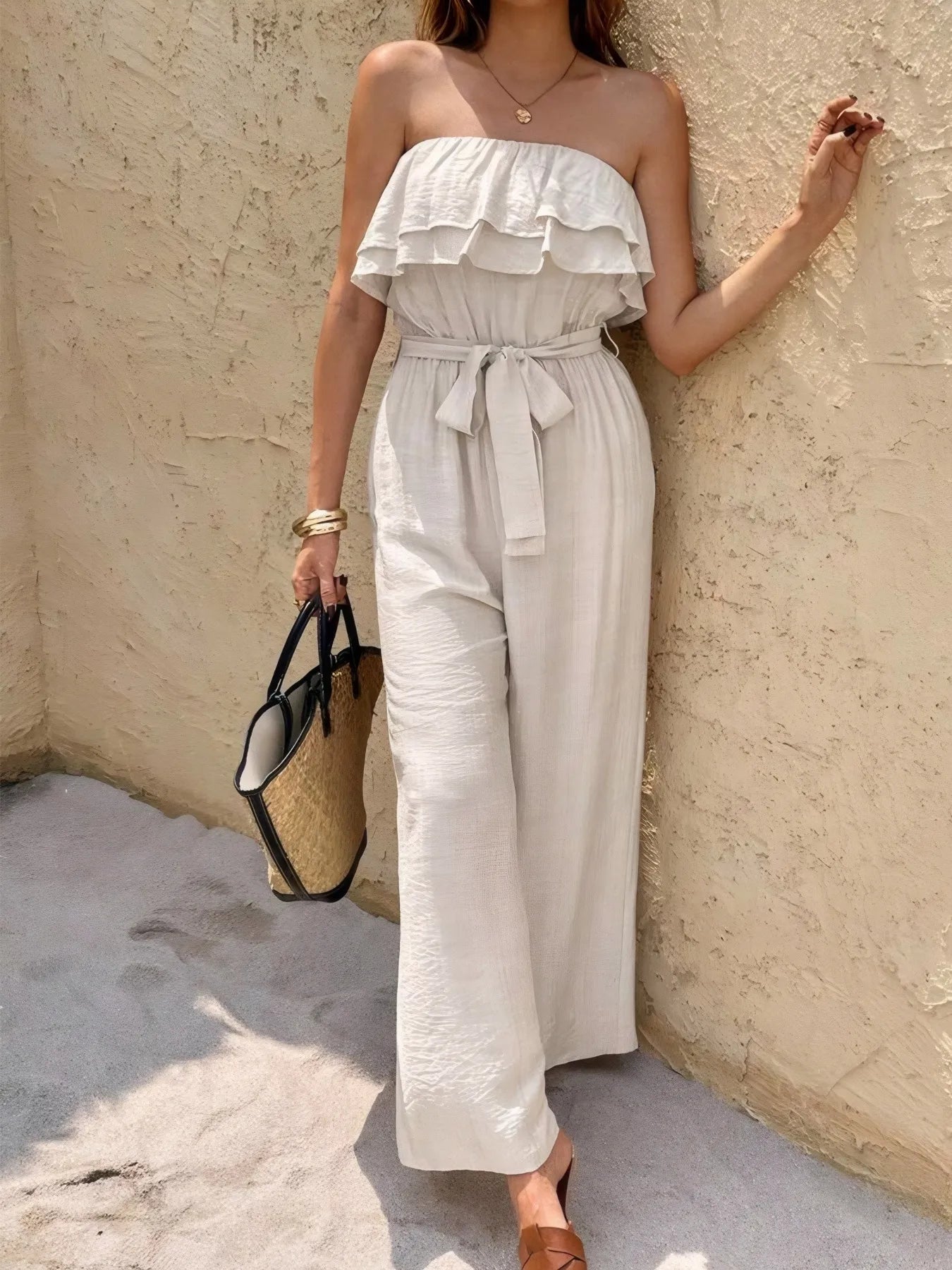 Off-Shoulder Ruffled Wide Leg Jumpsuit - Fashorio