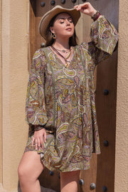 Plus-Size Printed V-Neck Midi Dress – Boho Tropical Style Camel - Fashorio