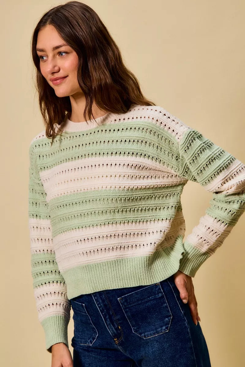 Openwork Round Neck Wide Stripe Sweater close up