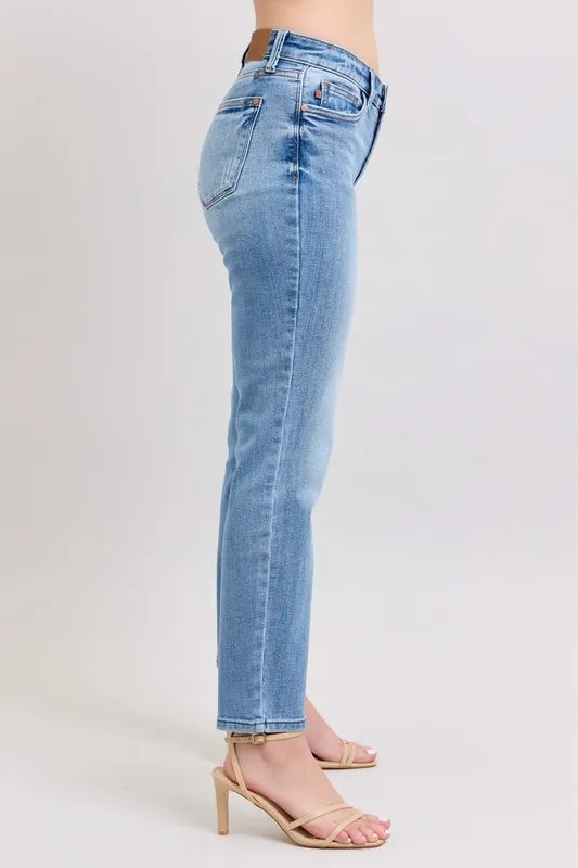 Judy Blue Full Size Mid Rise Vintage Wash Slim Jeans with Cell Phone Pocket Plus Size - Fashorio