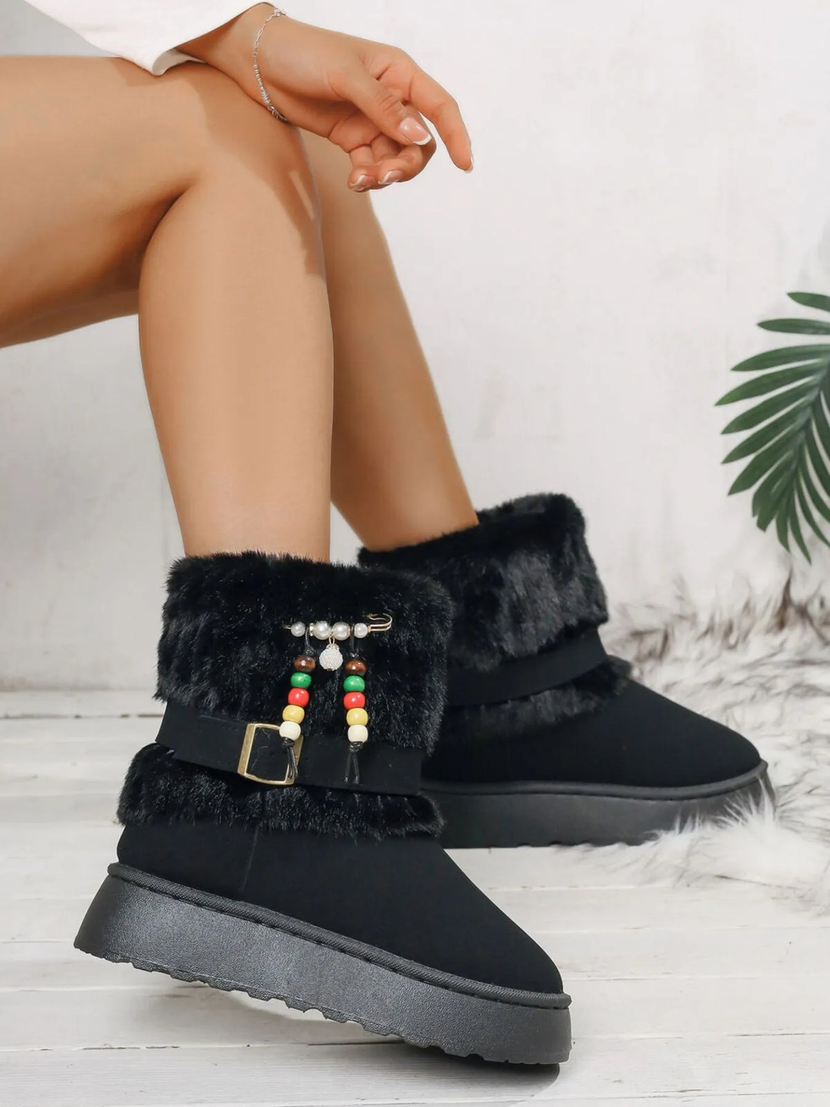 black round toe platform boots styled on model