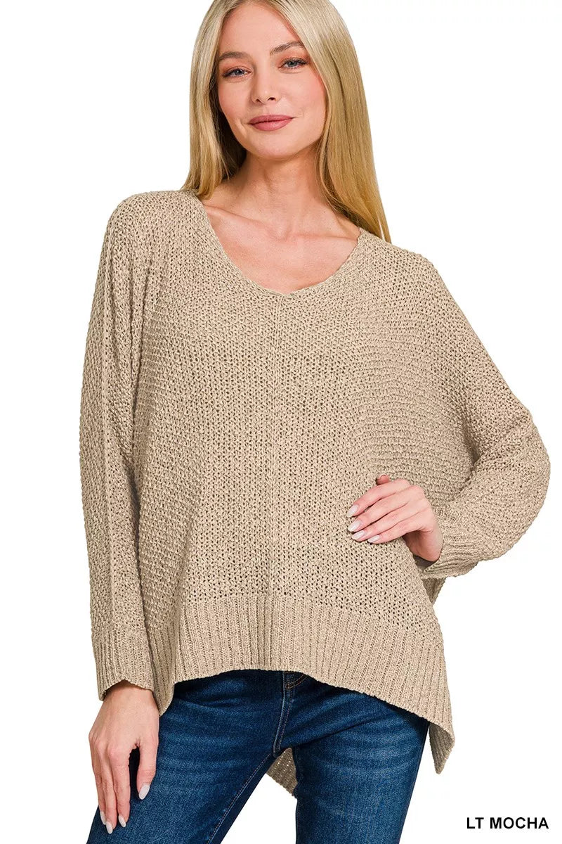 Dolman Sleeve V Neck Sweater in Mocha